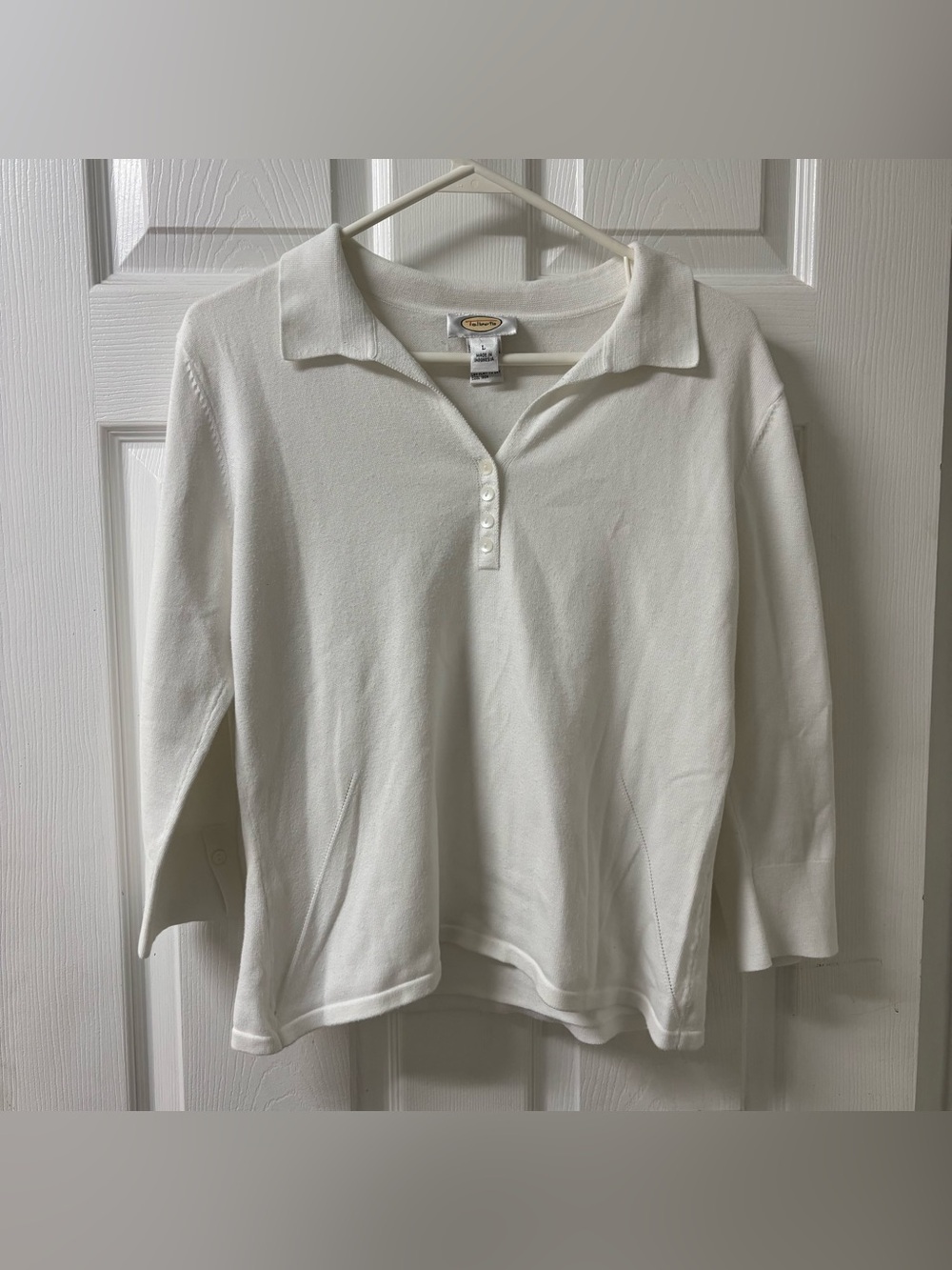 Talbots White Knit Preppy Polo Pullover Sweater 3/4 Sleeve Women’s Size Large